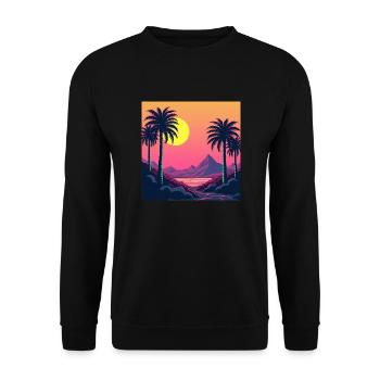 Lebendiger Retro-Sonnenuntergang im Stil der 80er Jahre - Unisex Pullover - Schwarz - Vorne - Alina (178cm) & Michal (187cm)