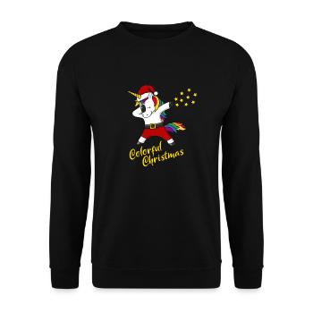 Weihnachten Einhorn colorful Christmas Geschenk - Unisex Pullover - Schwarz - Vorne - Alina (178cm) & Michal (187cm)