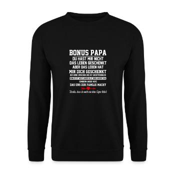 Vatertagsgeschenk Papa Bonus Vater Tochter Sohn - Unisex Pullover - Schwarz - Vorne - Alina (178cm) & Michal (187cm)