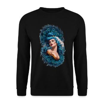 Exotische Fantasie Gefiederter Pfau Kunst - Unisex Pullover - Schwarz - Vorne - Alina (178cm) & Michal (187cm)