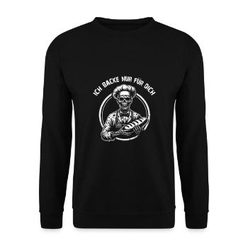 Ich backe für Dich gruseliger Bäckerzombie - Unisex Pullover - Schwarz - Vorne - Alina (178cm) & Michal (187cm)