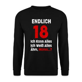 Lustiges Endlich 18 Geburtstag Ich Kann Alles - Unisex Pullover - Schwarz - Vorne - Alina (178cm) & Michal (187cm)