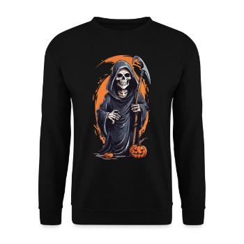 Kleiner Halloween Sensenmann lustiger Oktober - Unisex Pullover - Schwarz - Vorne - Alina (178cm) & Michal (187cm)