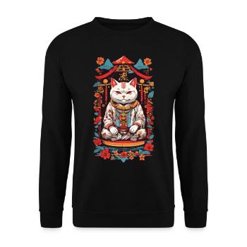 Glückskatze Japan Ästhetik Retro Katzen Design - Unisex Pullover - Schwarz - Vorne - Alina (178cm) & Michal (187cm)