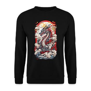 Japan Drachen Ukiyo-E Retro Kunst Design - Unisex Pullover - Schwarz - Vorne - Alina (178cm) & Michal (187cm)