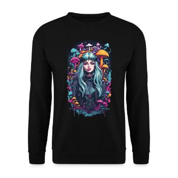 Magischer Mushroom Wald Psytrance Girl Design - Unisex Pullover - Schwarz - Vorne - Alina (178cm) & Michal (187cm)