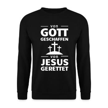 Gott geschaffen Jesus gerettet - Unisex Pullover - Schwarz - Vorne - Alina (178cm) & Michal (187cm)