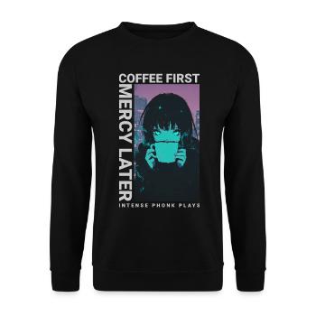 Coffee First Mercy Later Anime Girl Cyberpunk - Unisex Pullover - Schwarz - Vorne - Alina (178cm) & Michal (187cm)