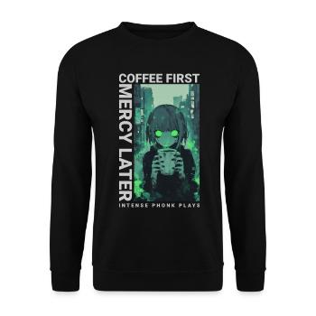 Coffee First Mercy Later Anime Vaporwave Style - Unisex Pullover - Schwarz - Vorne - Alina (178cm) & Michal (187cm)