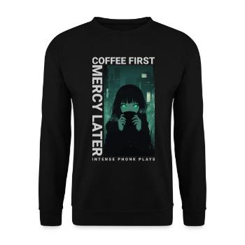 Coffee First Mercy Later Anime Vaporwave Style - Unisex Pullover - Schwarz - Vorne - Alina (178cm) & Michal (187cm)