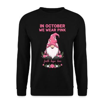 in Oktober we wear pink Gnom Pinkem Schlafmütze - Unisex Pullover - Schwarz - Vorne - Alina (178cm) & Michal (187cm)
