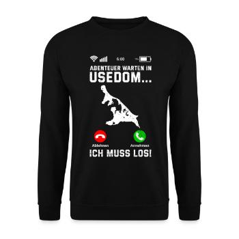 Insel Usedom ABENTEUER WARTET IN USEDOM MUSS LOS - Unisex Pullover - Schwarz - Vorne - Alina (178cm) & Michal (187cm)