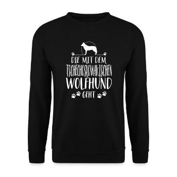 DIE MIT TSCHECHOSLOWAKISCHER WOLFHUND GEHT Spruch - Unisex Pullover - Schwarz - Vorne - Alina (178cm) & Michal (187cm)