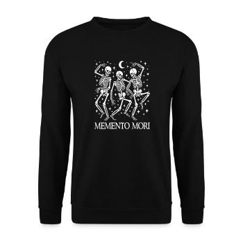 Memento Mori Lateinisches stoisches Zitat tanzende Skelette - Unisex Pullover - Schwarz - Vorne - Alina (178cm) & Michal (187cm)