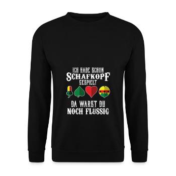 Ich habe schon Schafkopf gespielt - Unisex Pullover - Schwarz - Vorne - Alina (178cm) & Michal (187cm)