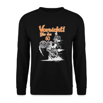 Bikerdesign Biker über 60 Vorsicht - RAHMENLOS® - Unisex Pullover - Schwarz - Vorne - Alina (178cm) & Michal (187cm)