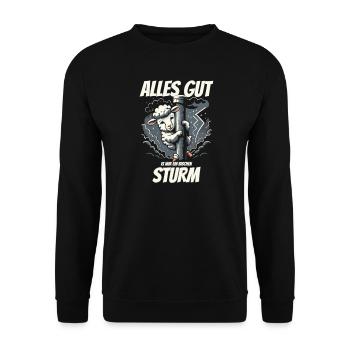Schaf im Sturm bei Wind und Wetter, lustig - Unisex Pullover - Schwarz - Vorne - Alina (178cm) & Michal (187cm)