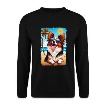 Papillon Hund am Strand mit Sonnenbrille - Unisex Pullover - Schwarz - Vorne - Alina (178cm) & Michal (187cm)