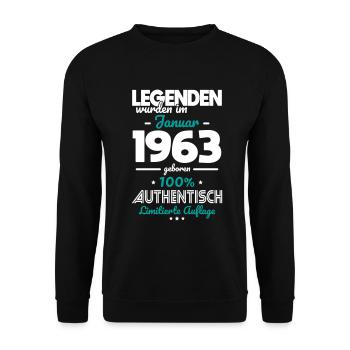60. Geburtstag - Legenden wurden im Januar 1963 - Unisex Pullover - Schwarz - Vorne - Alina (178cm) & Michal (187cm)