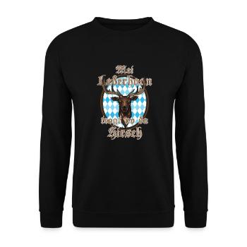 Bayerisches Volksfest Lederhose Hirsch - Unisex Pullover - Schwarz - Vorne - Alina (178cm) & Michal (187cm)