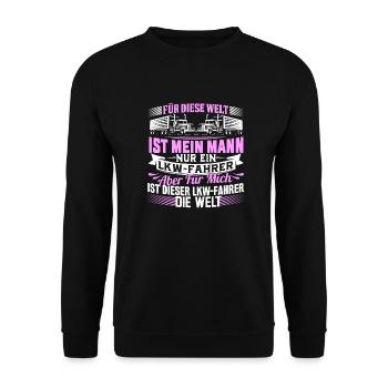 Frau LKW-Fahrer Trucker Fernfahrer Welt - Unisex Pullover - Schwarz - Vorne - Alina (178cm) & Michal (187cm)