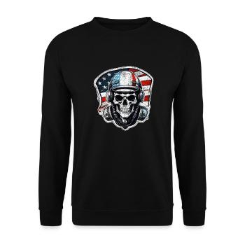 Motorrad im Retro-Stil - Totenkopf und Skelett - Unisex Pullover - Schwarz - Vorne - Alina (178cm) & Michal (187cm)