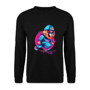 Lustiger Löwe auf Skateboard Skater Skateboarding - Unisex Pullover - Schwarz - Vorne - Alina (178cm) & Michal (187cm)