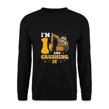 1. Geburtstag, 1 Jahr alt! Kids, Boy Junge Bagger - Unisex Pullover - Schwarz - Vorne - Alina (178cm) & Michal (187cm)