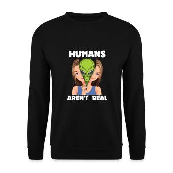 "Humans Aren't Real", lustiges Comic, Space Alien - Unisex Pullover - Schwarz - Vorne - Alina (178cm) & Michal (187cm)