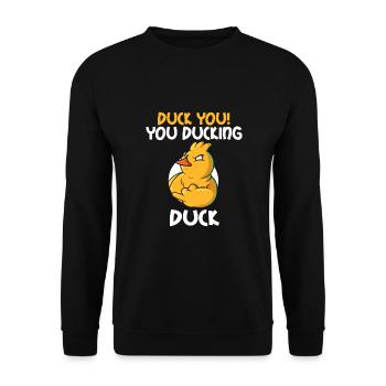 Unhöfliches Lustiges Sprichwort "Duck You" Outfit - Unisex Pullover - Schwarz - Vorne - Alina (178cm) & Michal (187cm)