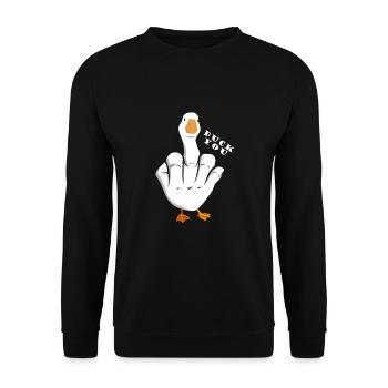 Unhöfliches Lustiges Sprichwort "Duck You" Outfit - Unisex Pullover - Schwarz - Vorne - Alina (178cm) & Michal (187cm)
