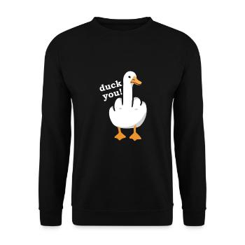 Unhöfliches Lustiges Sprichwort "Duck You" Outfit - Unisex Pullover - Schwarz - Vorne - Alina (178cm) & Michal (187cm)