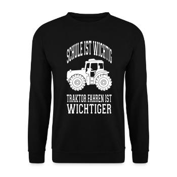TRAKTOR SPRUCH SCHULE IST WICHTIG TRAKTOR FAHREN - Unisex Pullover - Schwarz - Vorne - Alina (178cm) & Michal (187cm)