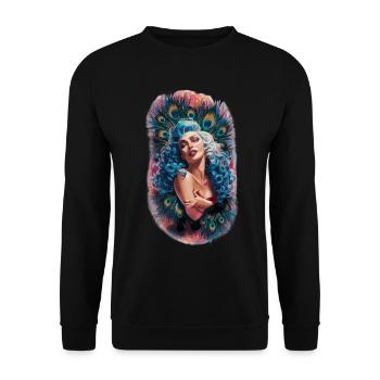 Exotische Fantasie Gefiederter Pfau Kunst - Unisex Pullover - Schwarz - Vorne - Alina (178cm) & Michal (187cm)