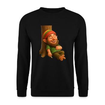 Bekiffter Zwerg an Baumstamm lehnend - Unisex Pullover - Schwarz - Vorne - Alina (178cm) & Michal (187cm)
