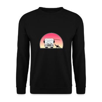 Klassisches Wohnmobil am Sonnenuntergang - Inhaber, der heraus sitzt - Unisex Pullover - Schwarz - Vorne - Alina (178cm) & Michal (187cm)