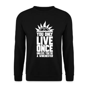 LIVE ONCE, GESCHENK - Unisex Pullover - Schwarz - Vorne - Alina (178cm) & Michal (187cm)