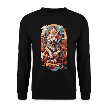 Japanischer Yokai Löwe Anime Tokiyo Retro Stil - Unisex Pullover - Schwarz - Vorne - Alina (178cm) & Michal (187cm)