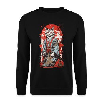 Samurai Katze Japanische Ukiyo-E Katzen Kunst - Unisex Pullover - Schwarz - Vorne - Alina (178cm) & Michal (187cm)