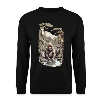 Japanmakake Ukiyo-E Affe in heißer Quelle Design - Unisex Pullover - Schwarz - Vorne - Alina (178cm) & Michal (187cm)