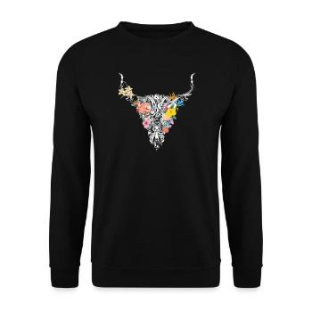 aufwendig gestalteter floraler Stier Schädel - Unisex Pullover - Schwarz - Vorne - Alina (178cm) & Michal (187cm)