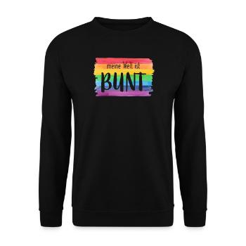 Meine Welt ist bunt Regenbogen fröhlich farbenfroh - Unisex Pullover - Schwarz - Vorne - Alina (178cm) & Michal (187cm)