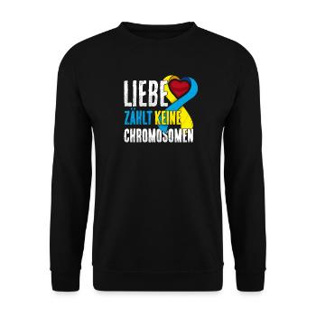 Down Syndrome Tag Liebe zählt keine Chromosomen - Unisex Pullover - Schwarz - Vorne - Alina (178cm) & Michal (187cm)