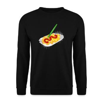 French fries with ketchup in a cardboard bowl and fork - Unisex Sweatshirt - black - Front - Alina (178cm) & Michal (187cm)