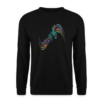 Bunte Symphonie auf schwungvollen Notenlinien - Unisex Pullover - Schwarz - Vorne - Alina (178cm) & Michal (187cm)