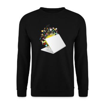 Ein halb geöffneter Laptop mit vielen Symbolen - Unisex Pullover - Schwarz - Vorne - Alina (178cm) & Michal (187cm)