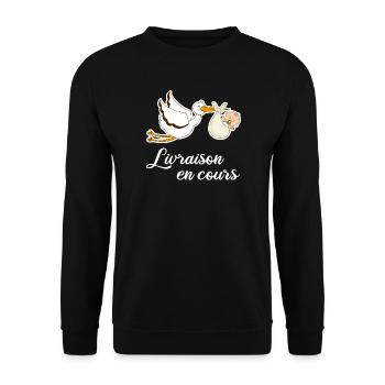 Livraison en cours cigogne grossesse - Sweat-shirt Unisexe - noir - Devant - Alina (178cm) & Michal (187cm)
