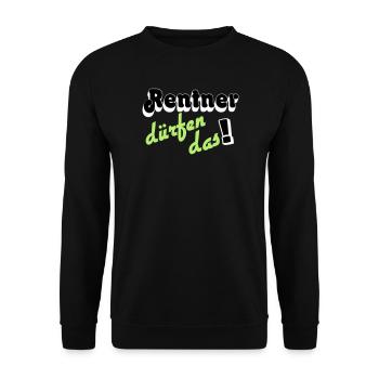 Rentner Spruch Neon Grün - Unisex Pullover - Schwarz - Vorne - Alina (178cm) & Michal (187cm)