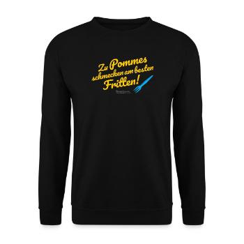 Witziges Spruchdesign mit Pommes und Frittens - Unisex Pullover - Schwarz - Vorne - Alina (178cm) & Michal (187cm)