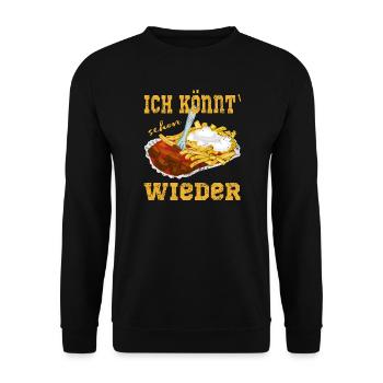 Currywurst Pommes in der Schale - Unisex Pullover - Schwarz - Vorne - Alina (178cm) & Michal (187cm)